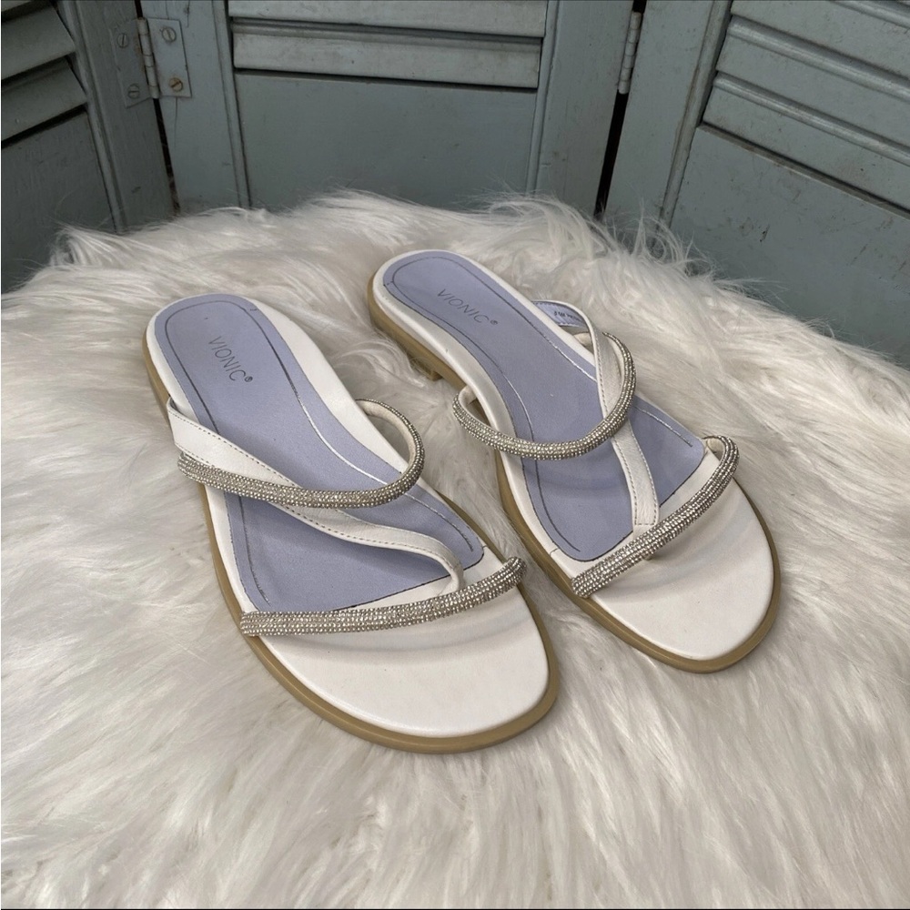 Vionic PRISM White Leather & Metallic Beaded Strappy Slide Sandals Size 8.5M